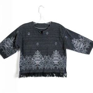 Gray ethnic bird print women's summer crop top boho half sleeve fringe cotton S